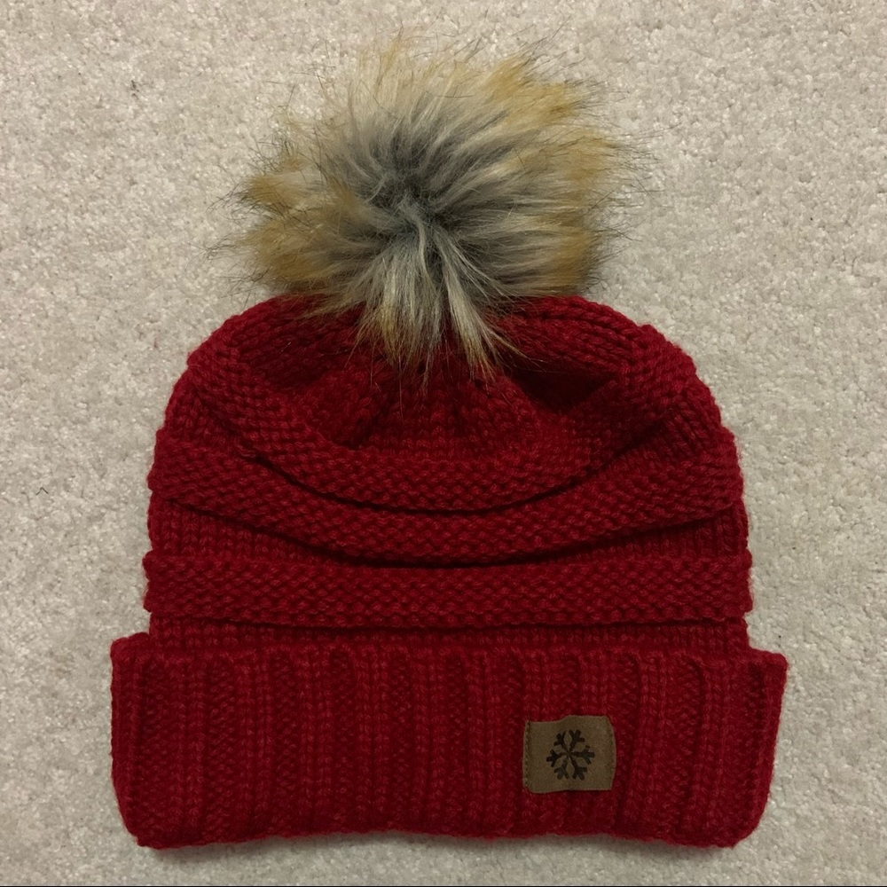 Red Crochet Pom Pom Beanie Hat